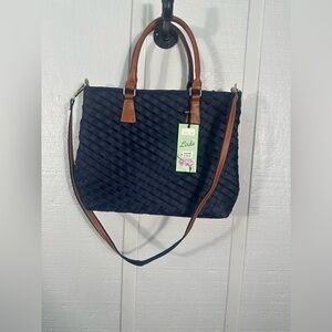 Leda Navy and Brown Purse with Shoulder and Hand Straps NWT